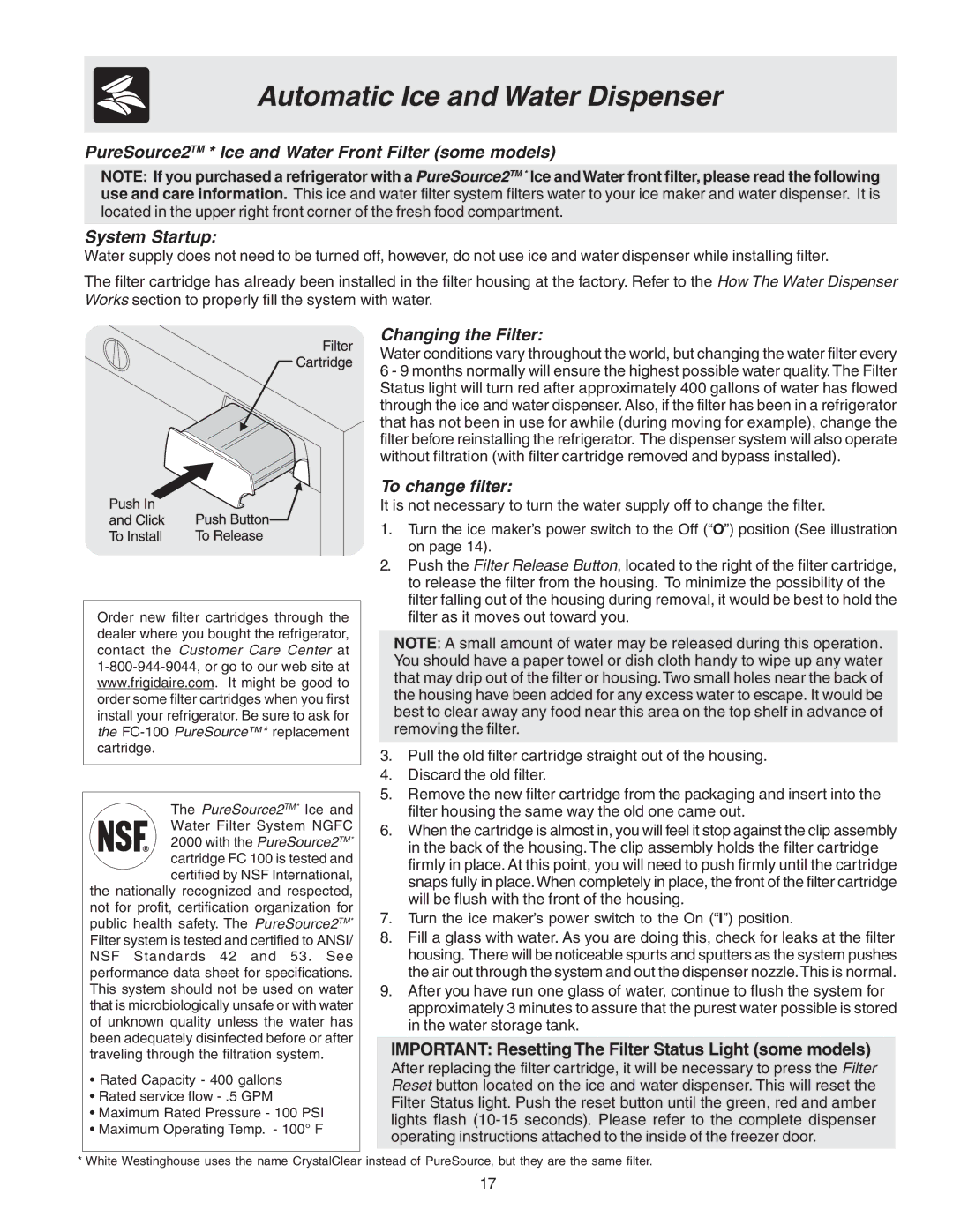 Frigidaire Compact Refrigerator manual Changing the Filter, To change filter 