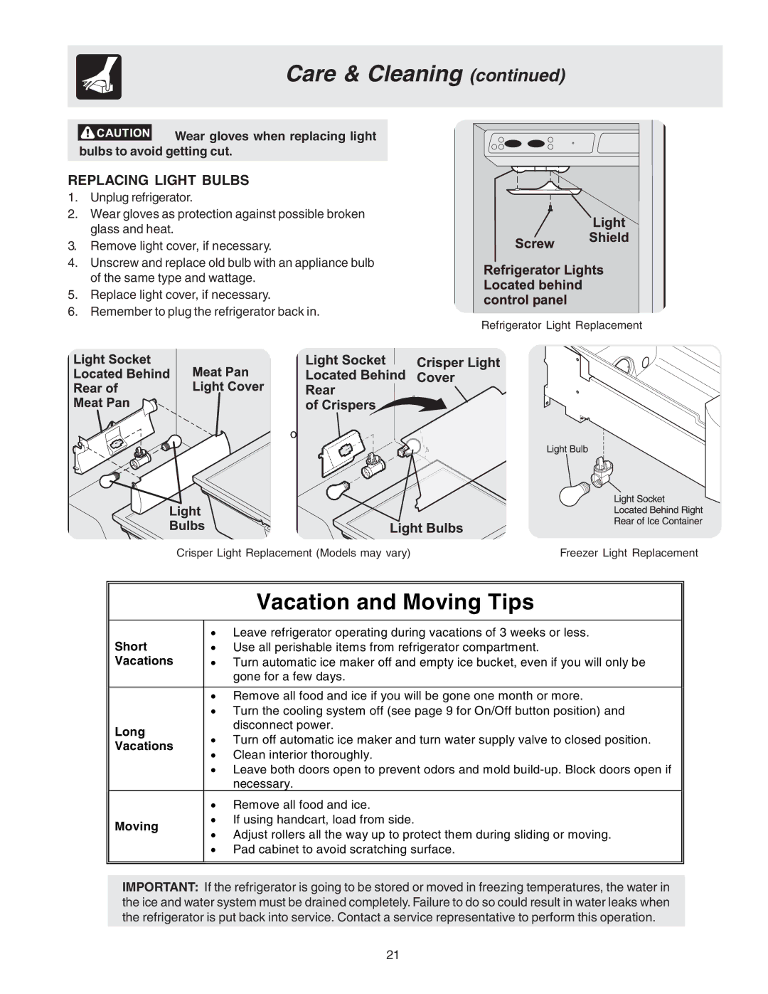 Frigidaire Compact Refrigerator manual Vacation and Moving Tips, Replacing Light Bulbs 