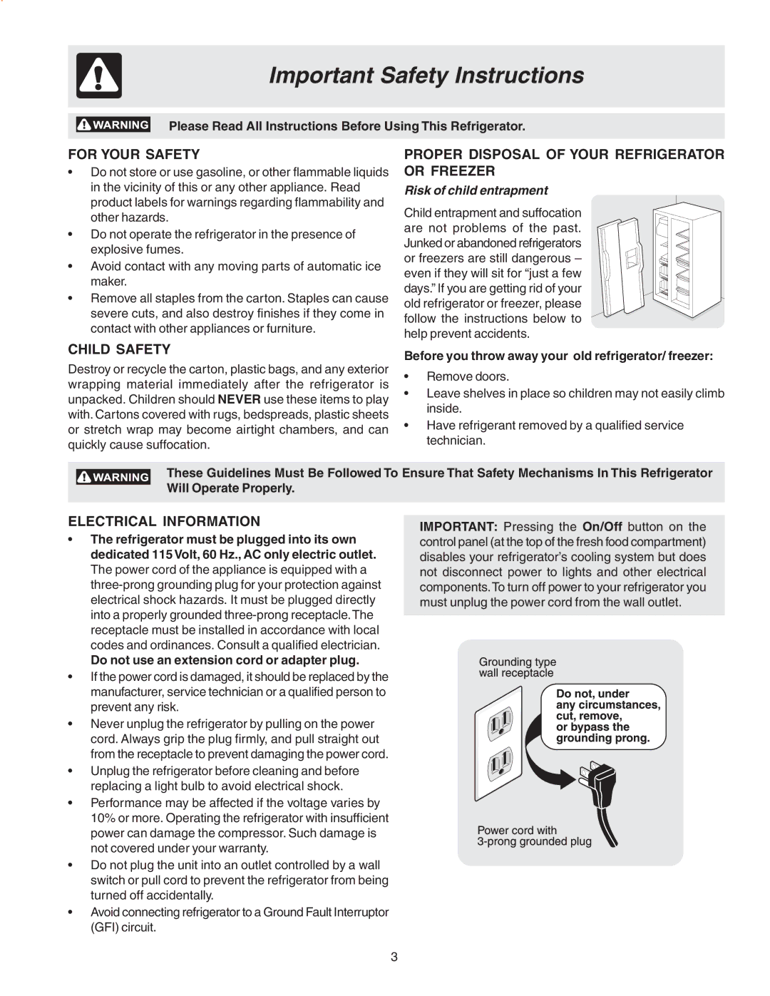 Frigidaire Compact Refrigerator manual Important Safety Instructions, For Your Safety, Child Safety, Electrical Information 