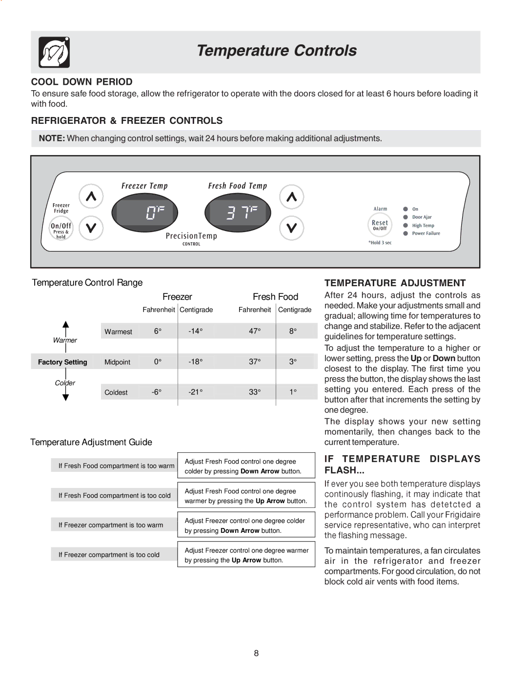 Frigidaire Compact Refrigerator manual Temperature Controls, Cool Down Period, Refrigerator & Freezer Controls 