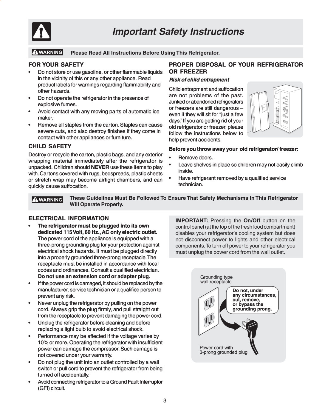 Frigidaire Compact Refrigerator manual Important Safety Instructions, For Your Safety, Child Safety, Electrical Information 
