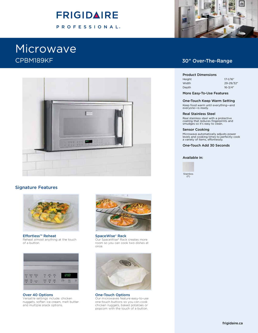 Frigidaire CPBM189KF dimensions Effortless Reheat, Over 40 Options, SpaceWise Rack, One-Touch Options 