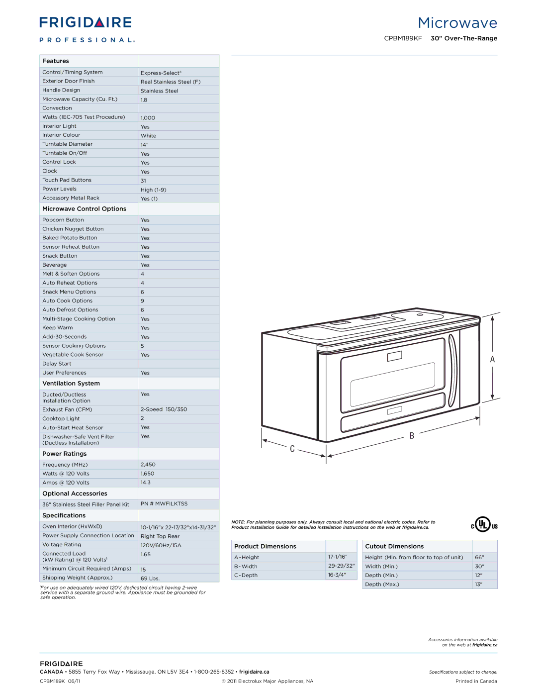 Frigidaire dimensions CPBM189KF 30 Over-The-Range 