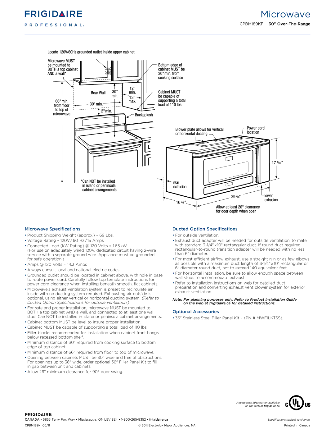 Frigidaire CPBM189KF dimensions 17 1/16 16 ¾, Microwave Specifications, Ducted Option Specifications, Optional Accessories 