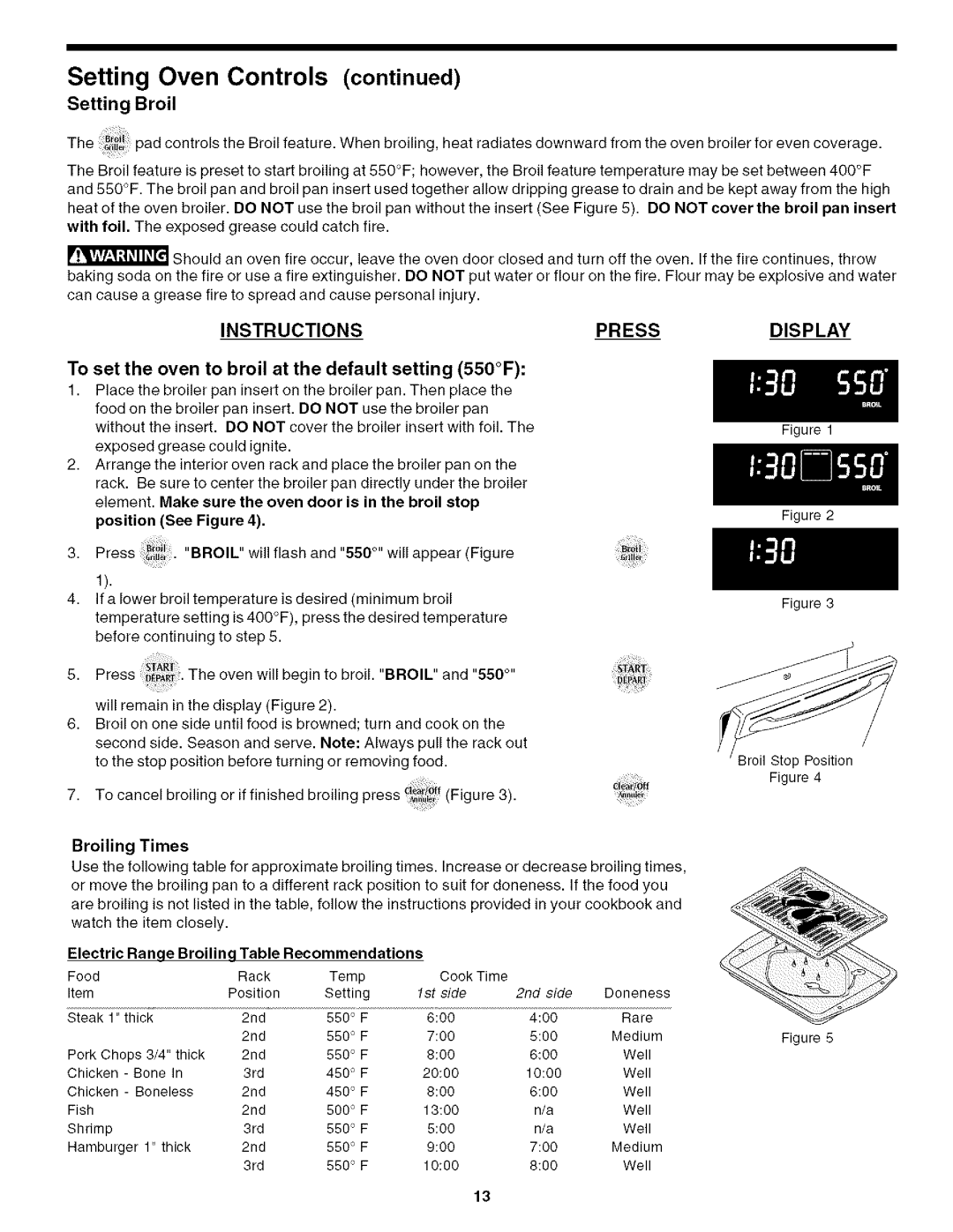 Frigidaire 318200198, CPEB27S9FC4 manual Setting Broil, To set the oven to broil at the default setting 550F, Broiling Times 