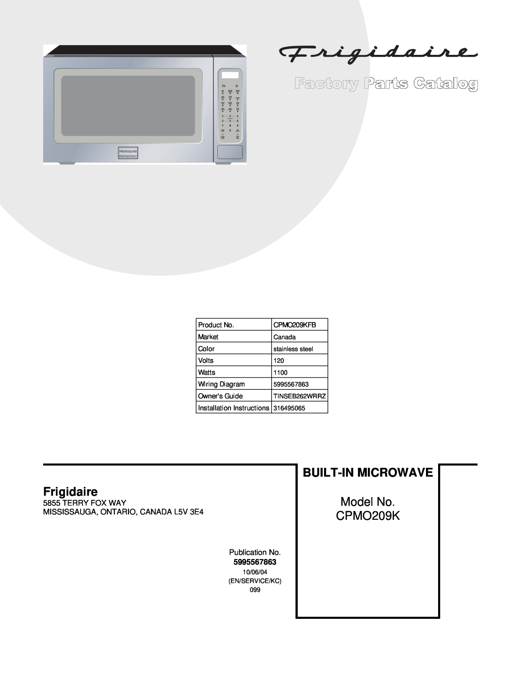 Frigidaire CPMO209K installation instructions Built-In Microwave, Frigidaire, Model No, CGMO205KA Wiring.eps 