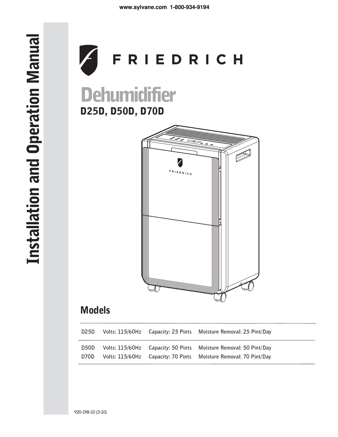 Frigidaire D70D, D50D, D25D operation manual Dehumidifier 