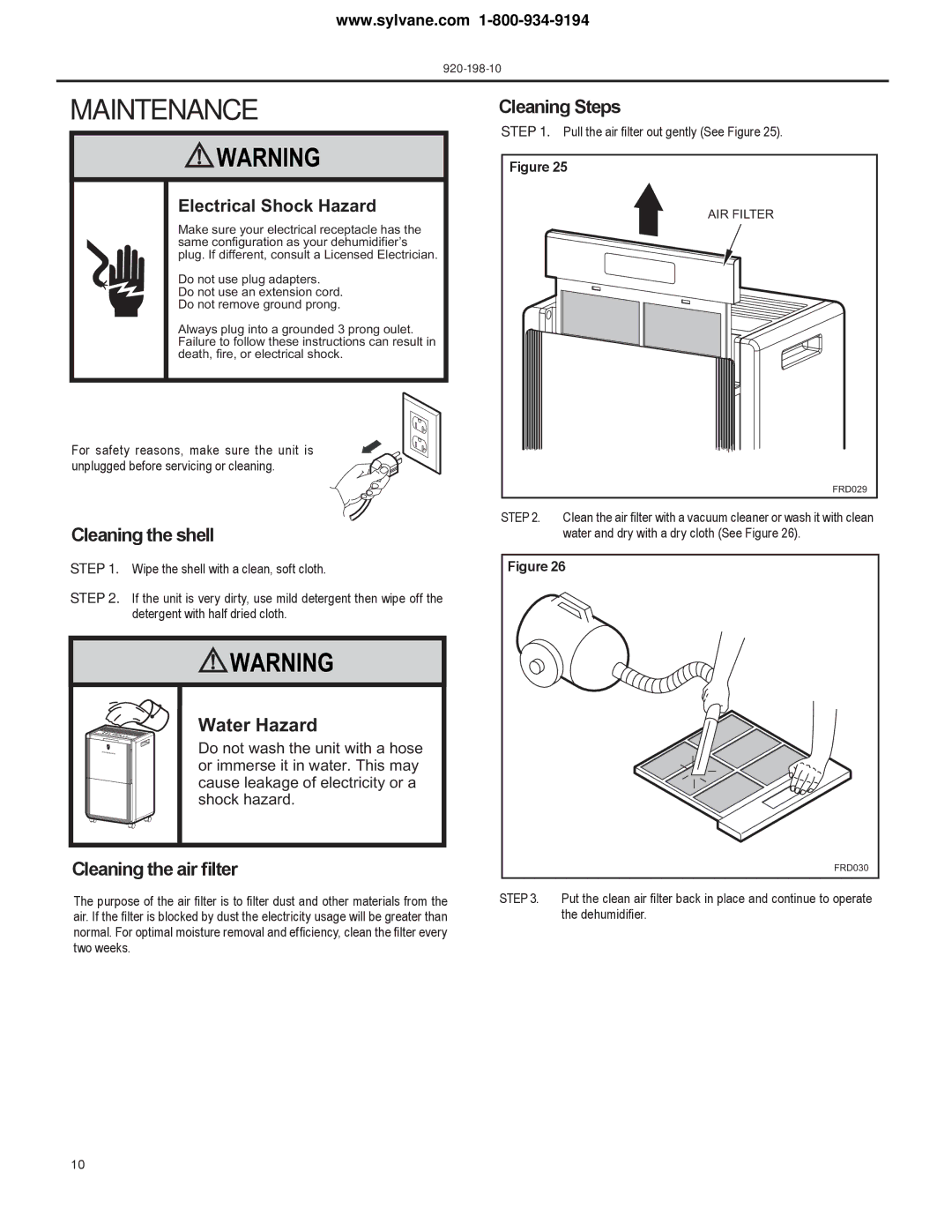 Frigidaire D70D, D50D, D25D Maintenance, Cleaning the shell, Water Hazard, Cleaning the air filter, Cleaning Steps 