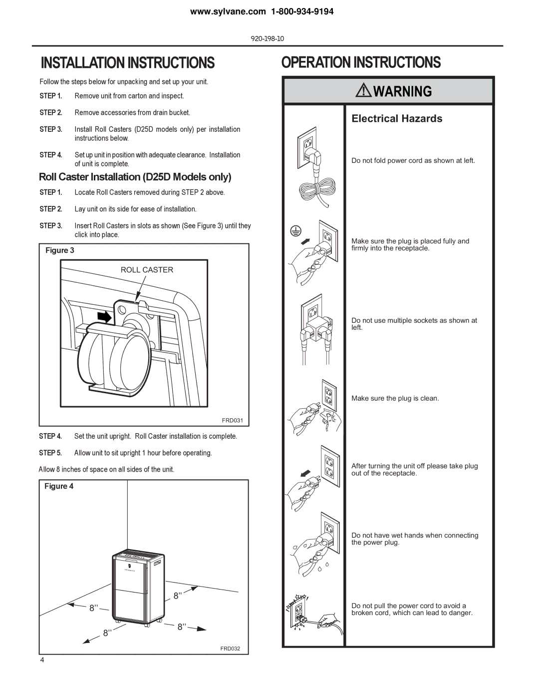 Frigidaire D70D, D50D Installation Instructions, Operation Instructions, Roll Caster Installation D25D Models only 