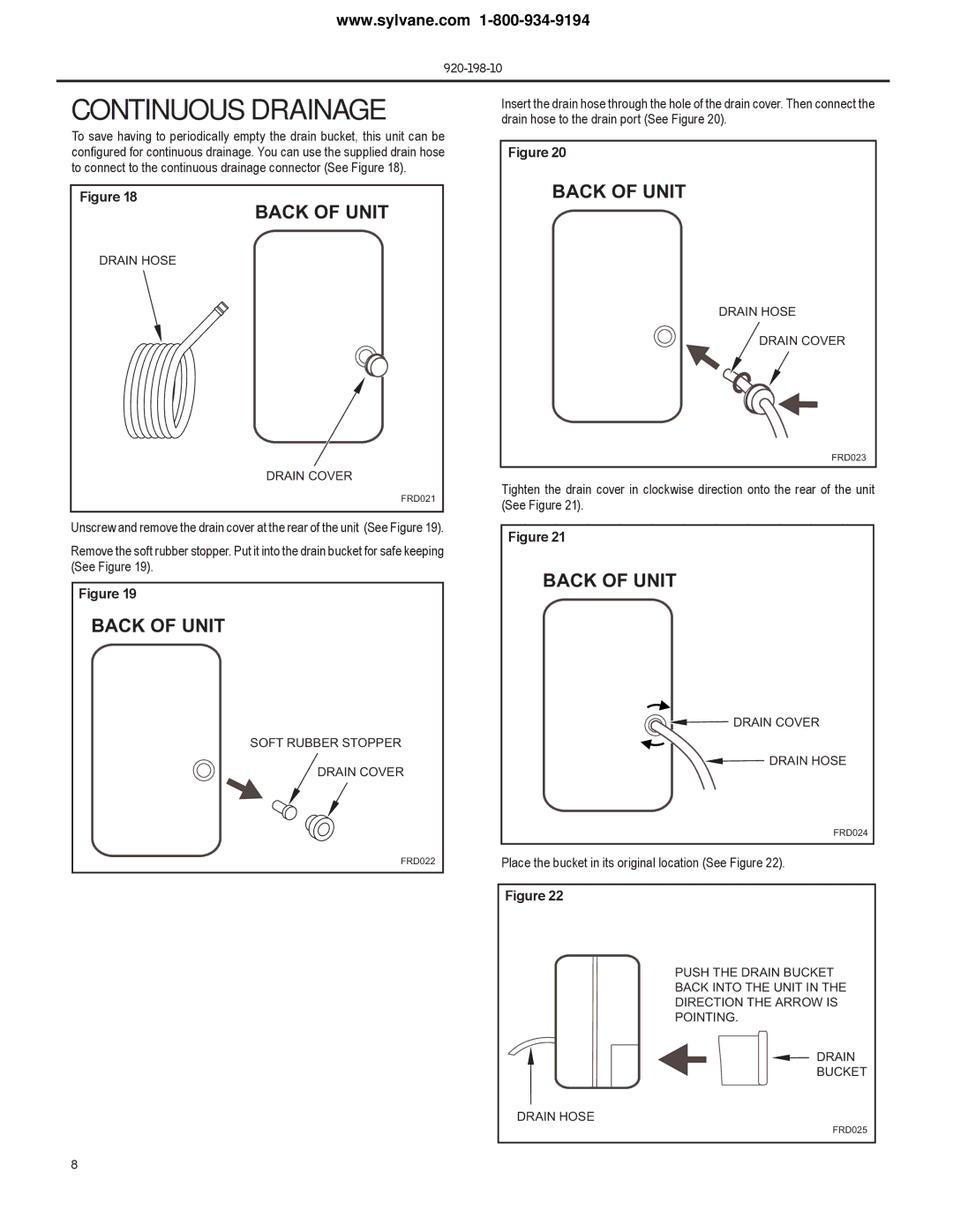 Frigidaire D25D, D50D, D70D operation manual Continuous Drainage, Back of Unit 