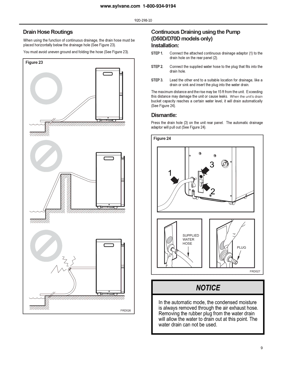 Frigidaire D50D, D70D, D25D operation manual Drain Hose Routings, Dismantle 