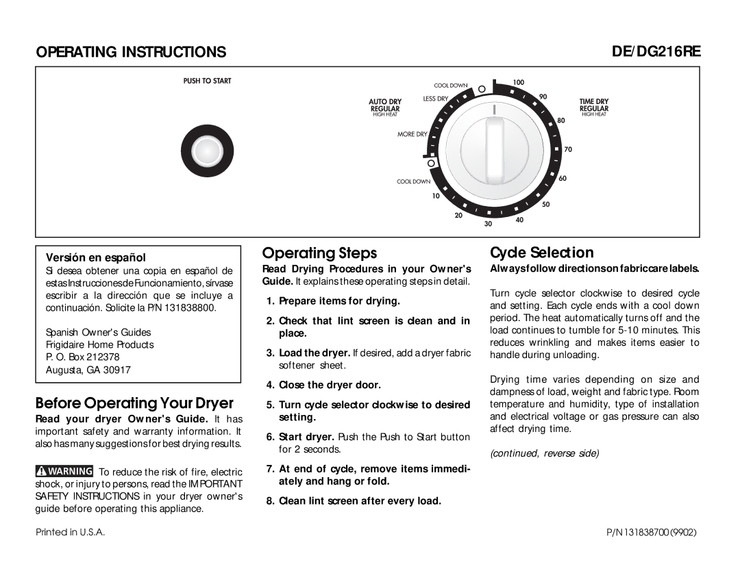 Frigidaire DE/DG216PE operating instructions Versión en español 