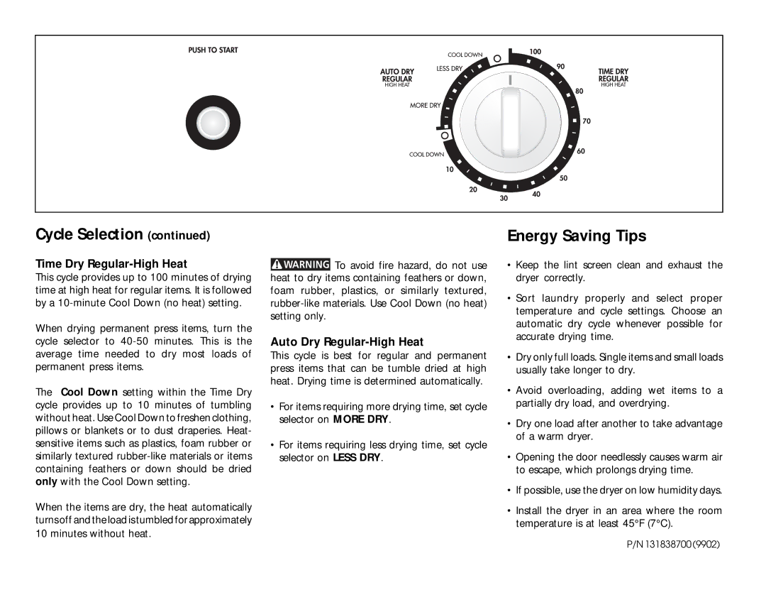 Frigidaire DE/DG216PE operating instructions Time Dry Regular-High Heat, Auto Dry Regular-High Heat 