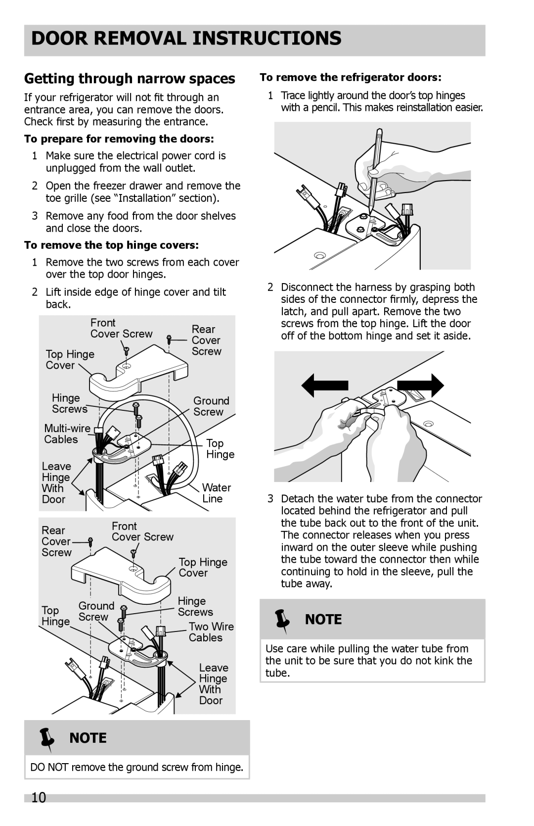 Frigidaire DGHF2360PF Door Removal Instructions, Getting through narrow spaces, To prepare for removing the doors 