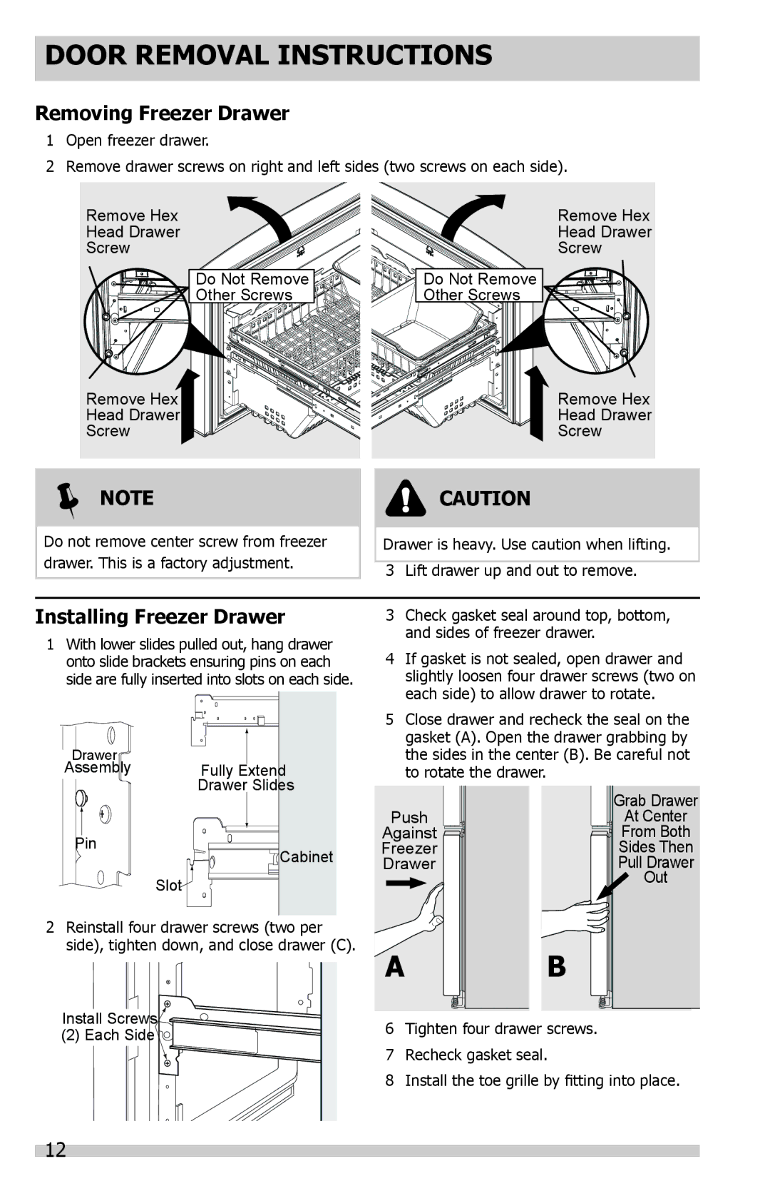 Frigidaire DGHF2360PF important safety instructions Removing Freezer Drawer, Installing Freezer Drawer 