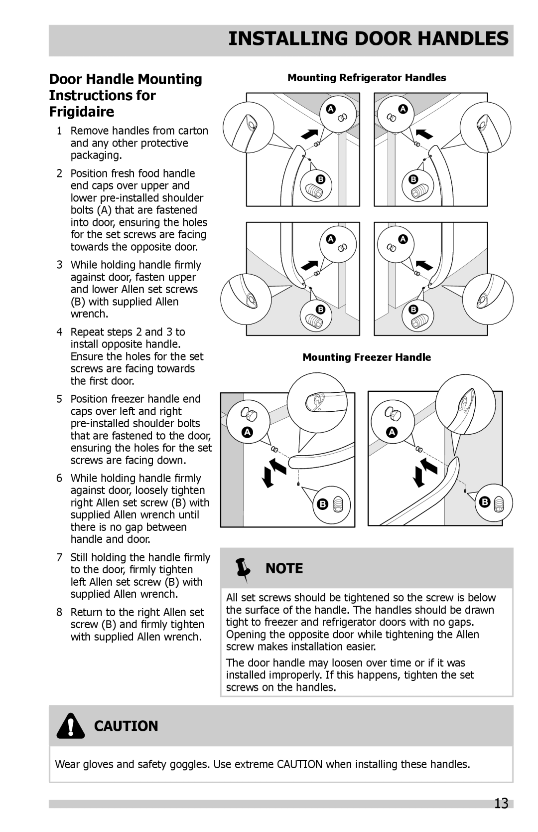 Frigidaire DGHF2360PF Installing Door Handles, Door Handle Mounting Instructions for Frigidaire 