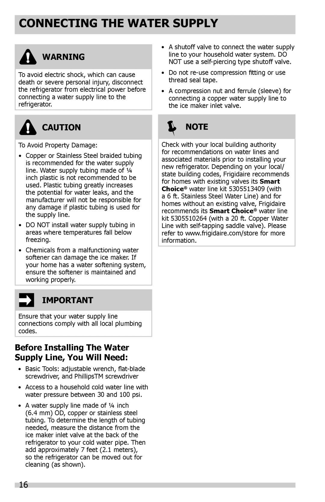 Frigidaire DGHF2360PF Connecting the Water Supply, Before Installing The Water Supply Line, You Will Need 