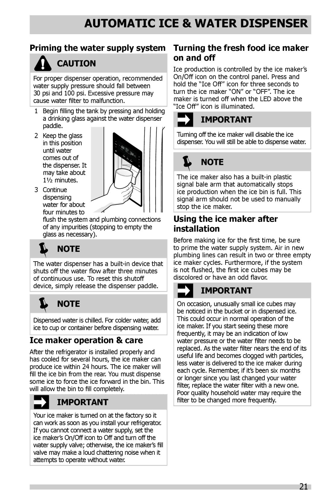 Frigidaire DGHF2360PF Automatic ICE & Water Dispenser, Priming the water supply system, Ice maker operation & care 