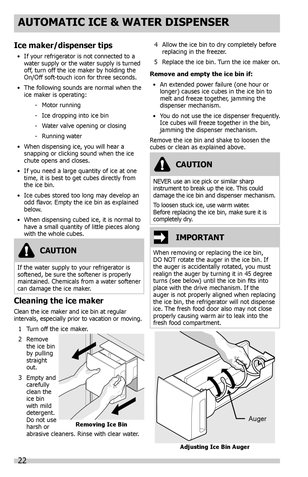 Frigidaire DGHF2360PF Ice maker/dispenser tips, Cleaning the ice maker, Remove and empty the ice bin if 