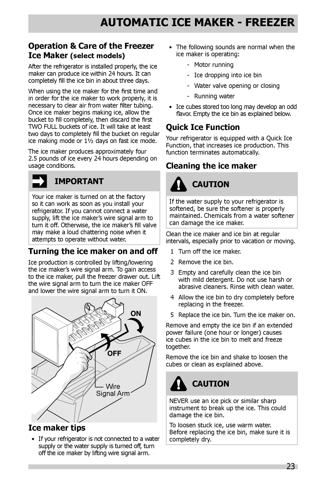 Frigidaire DGHF2360PF Automatic ICE Maker Freezer, Turning the ice maker on and off, Ice maker tips, Quick Ice Function 