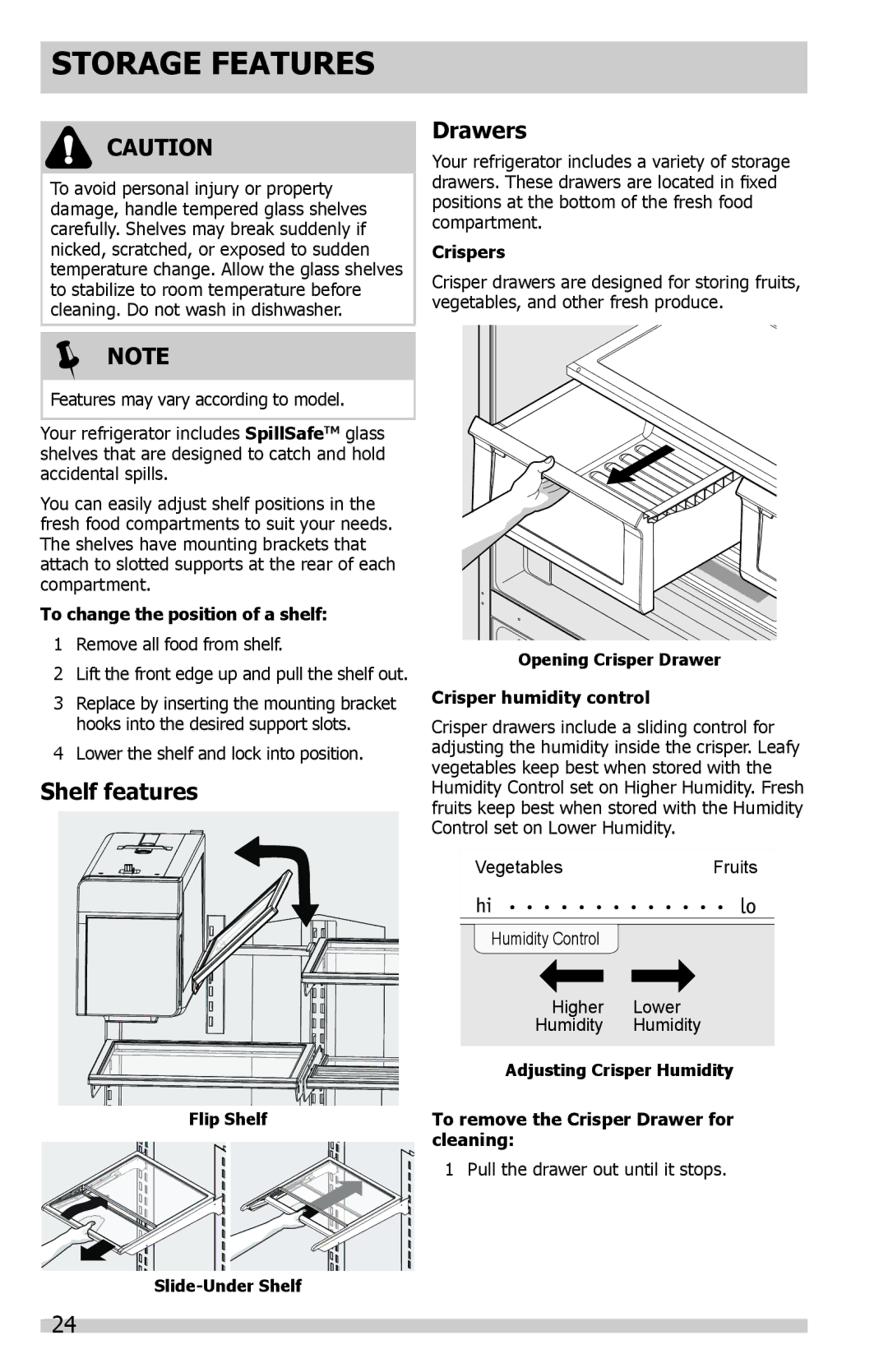 Frigidaire DGHF2360PF important safety instructions Storage Features, Drawers, Shelf features 