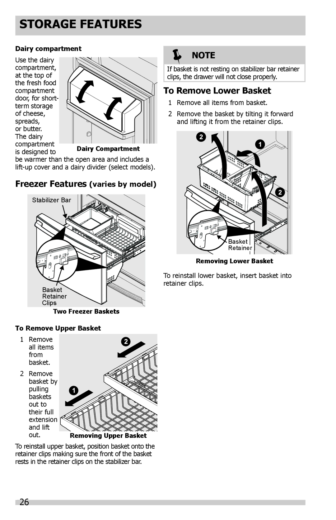 Frigidaire DGHF2360PF Freezer Features varies by model, To Remove Lower Basket, Dairy compartment, To Remove Upper Basket 