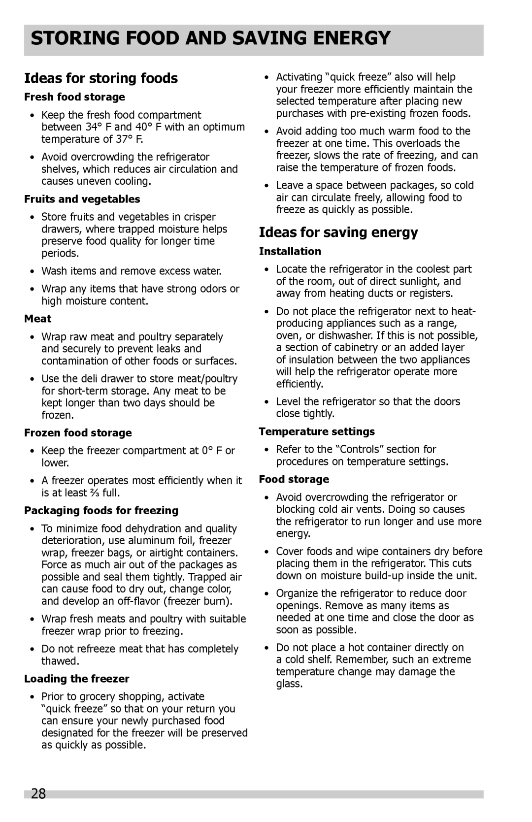 Frigidaire DGHF2360PF Storing Food and Saving Energy, Ideas for storing foods, Ideas for saving energy 