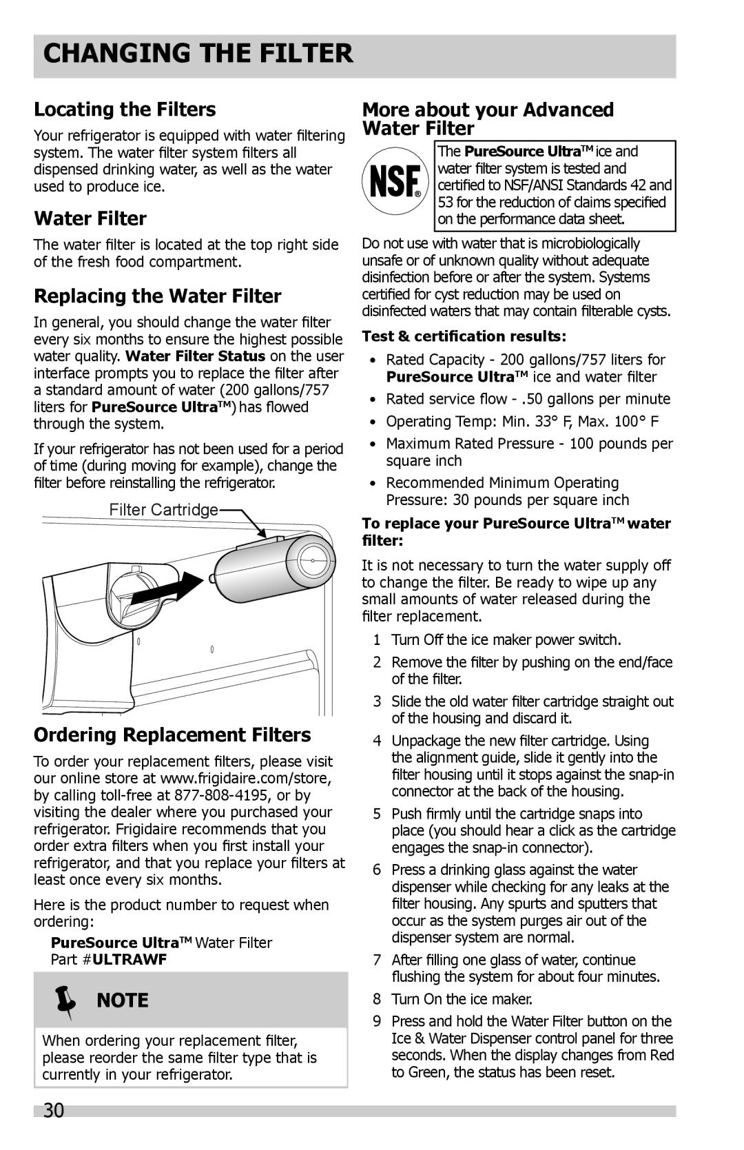 Frigidaire DGHF2360PF important safety instructions Changing the Filter 