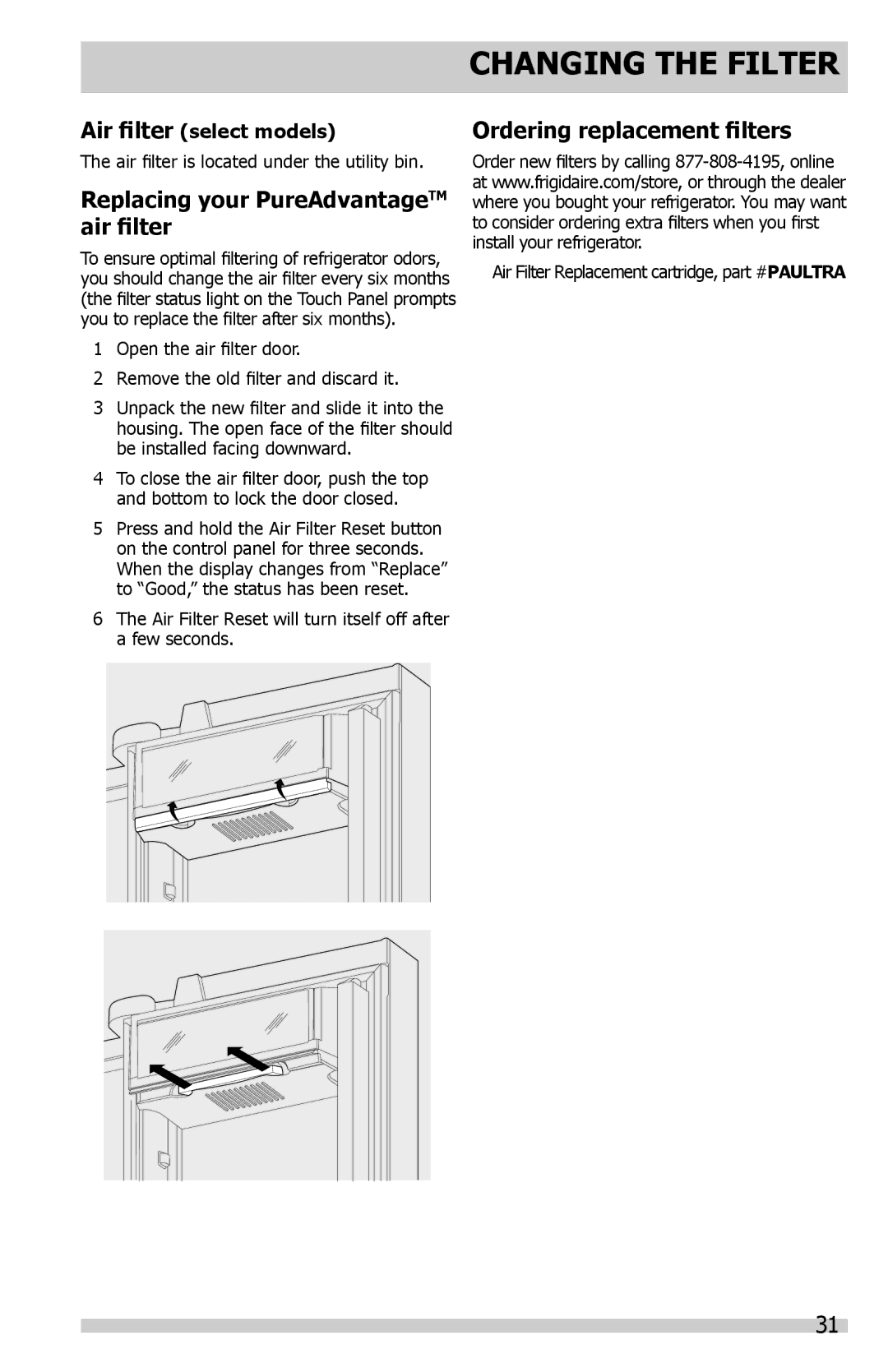 Frigidaire DGHF2360PF important safety instructions Replacing your PureAdvantageTM air filter 