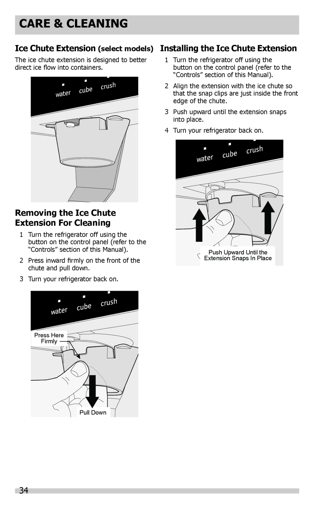 Frigidaire DGHF2360PF important safety instructions Care & Cleaning, Removing the Ice Chute Extension For Cleaning 