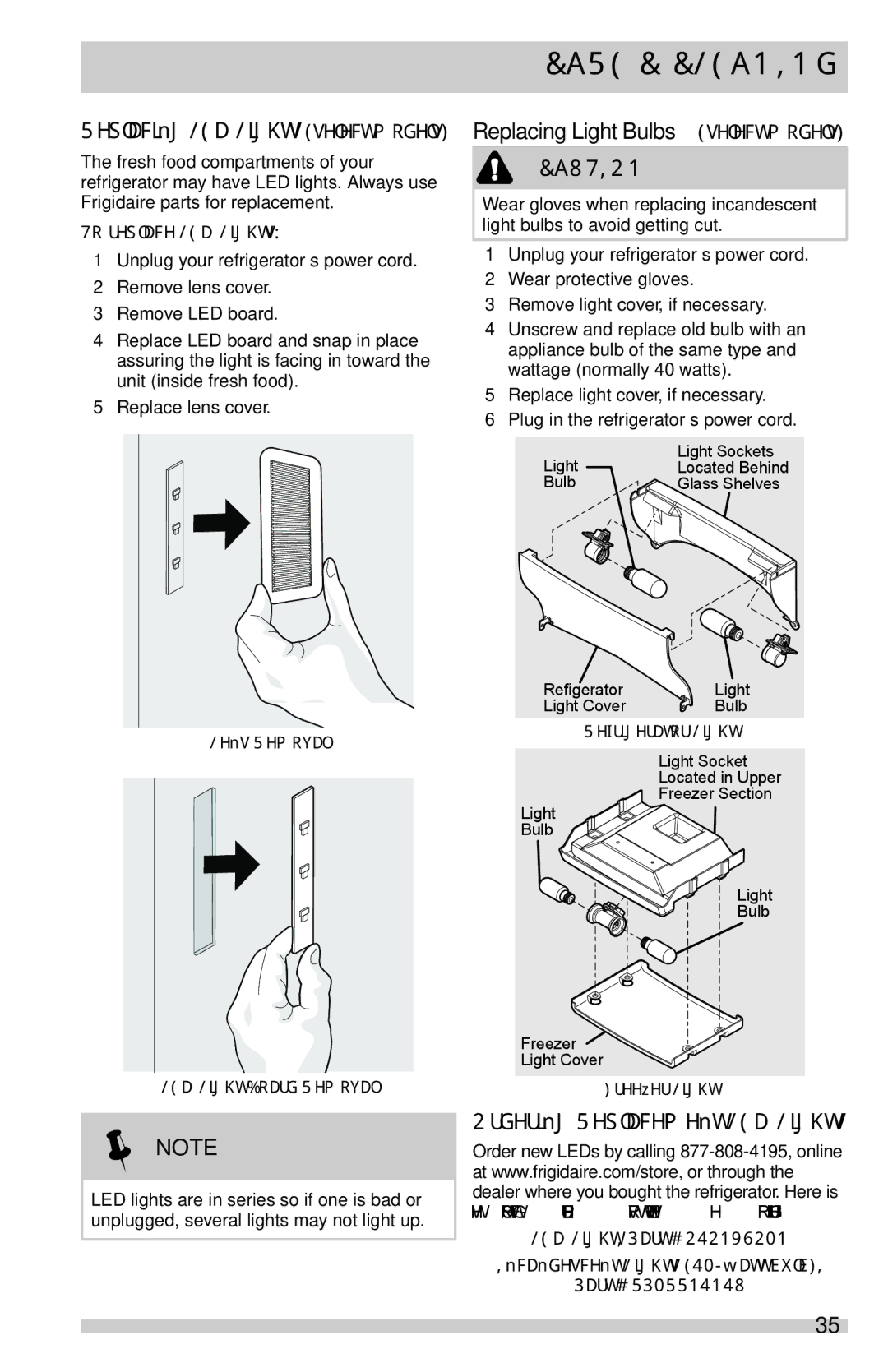 Frigidaire DGHF2360PF Replacing LED Lights select models, Ordering Replacement LED Lights, To replace LED Lights 