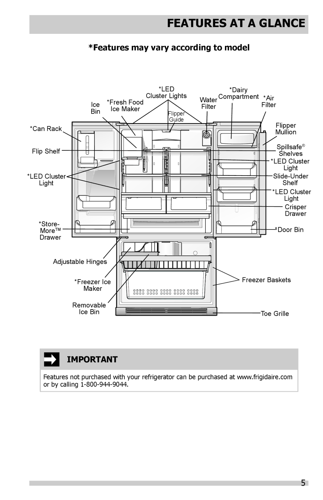 Frigidaire DGHF2360PF important safety instructions Features AT a Glance, Features may vary according to model 