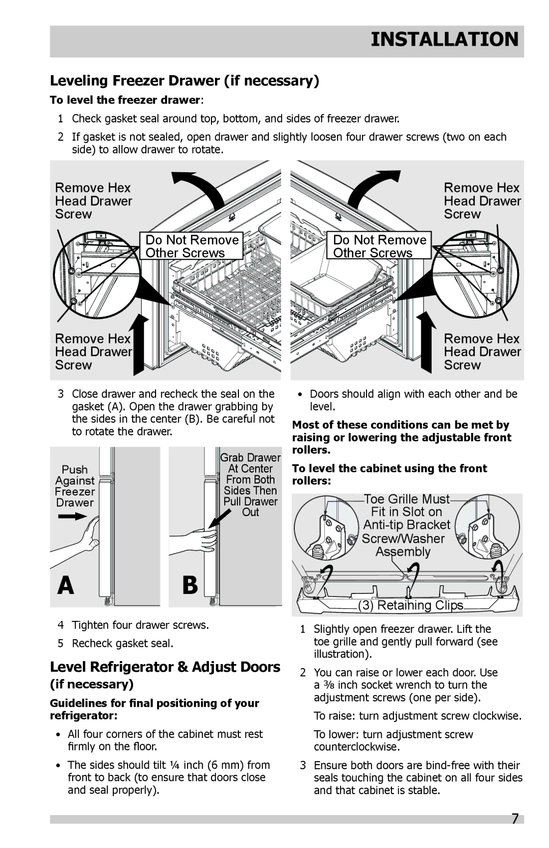 Frigidaire DGHF2360PF Leveling Freezer Drawer if necessary, Level Refrigerator & Adjust Doors, To level the freezer drawer 