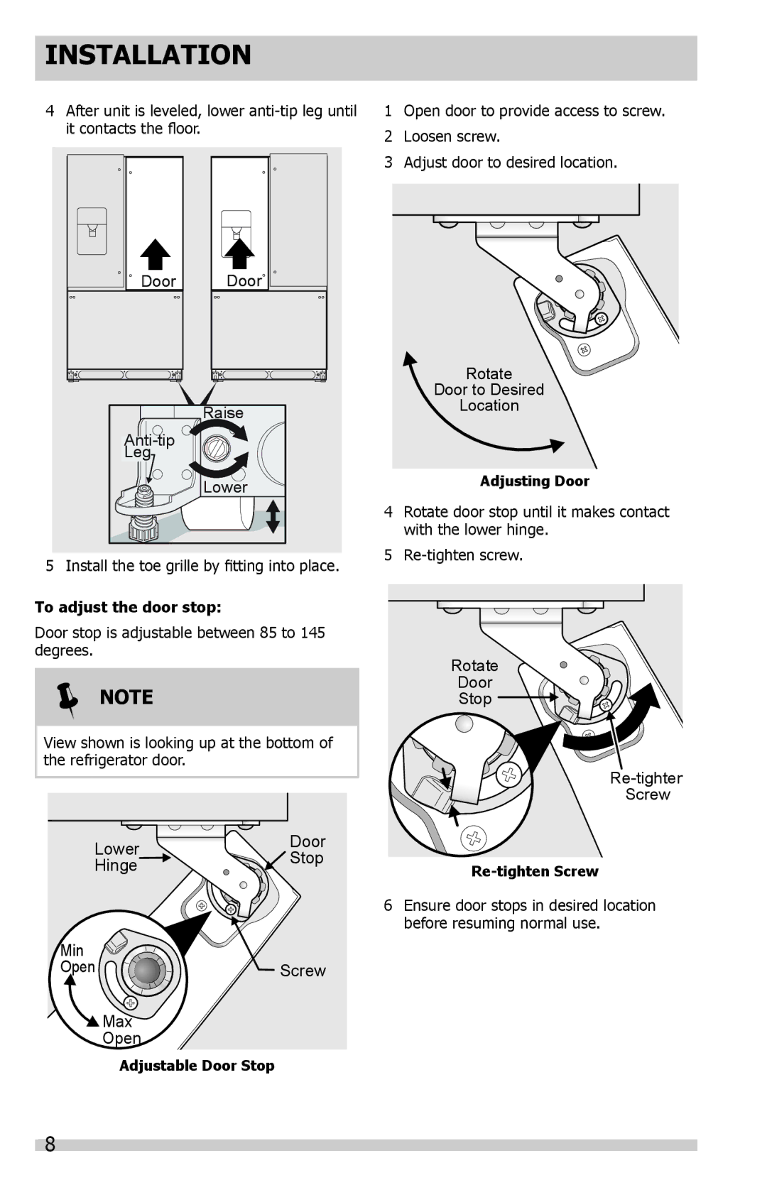 Frigidaire DGHF2360PF important safety instructions To adjust the door stop 