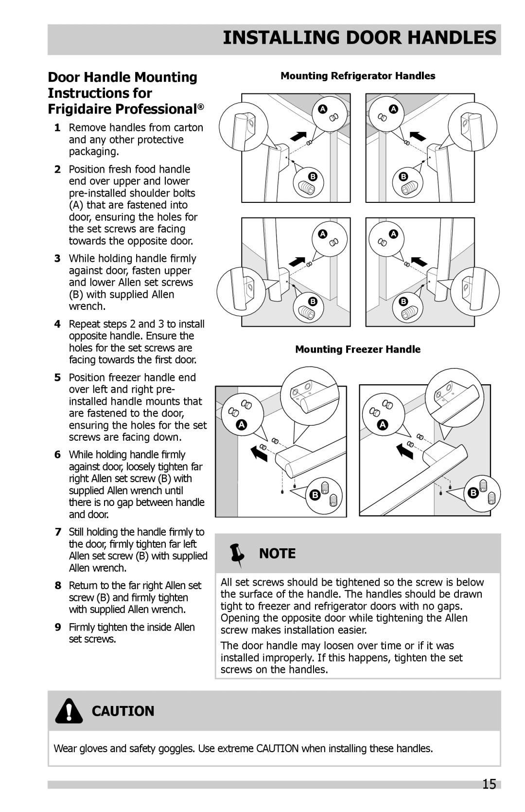 Frigidaire DGHF2360PF important safety instructions Installing Door Handles, Note 