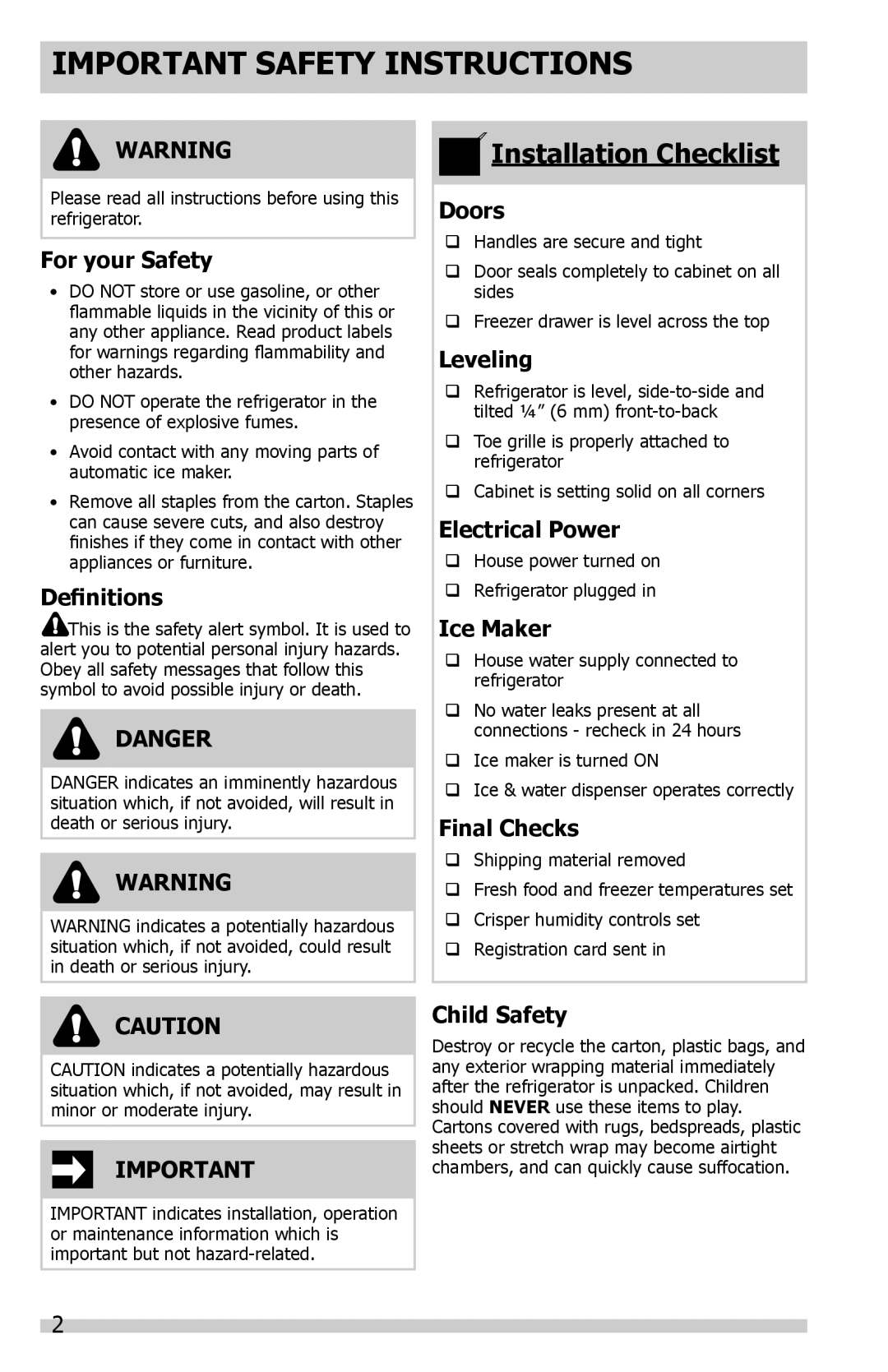 Frigidaire DGHF2360PF Important Safety Instructions, For your Safety, Definitions, Danger, Doors, Leveling, Ice Maker 