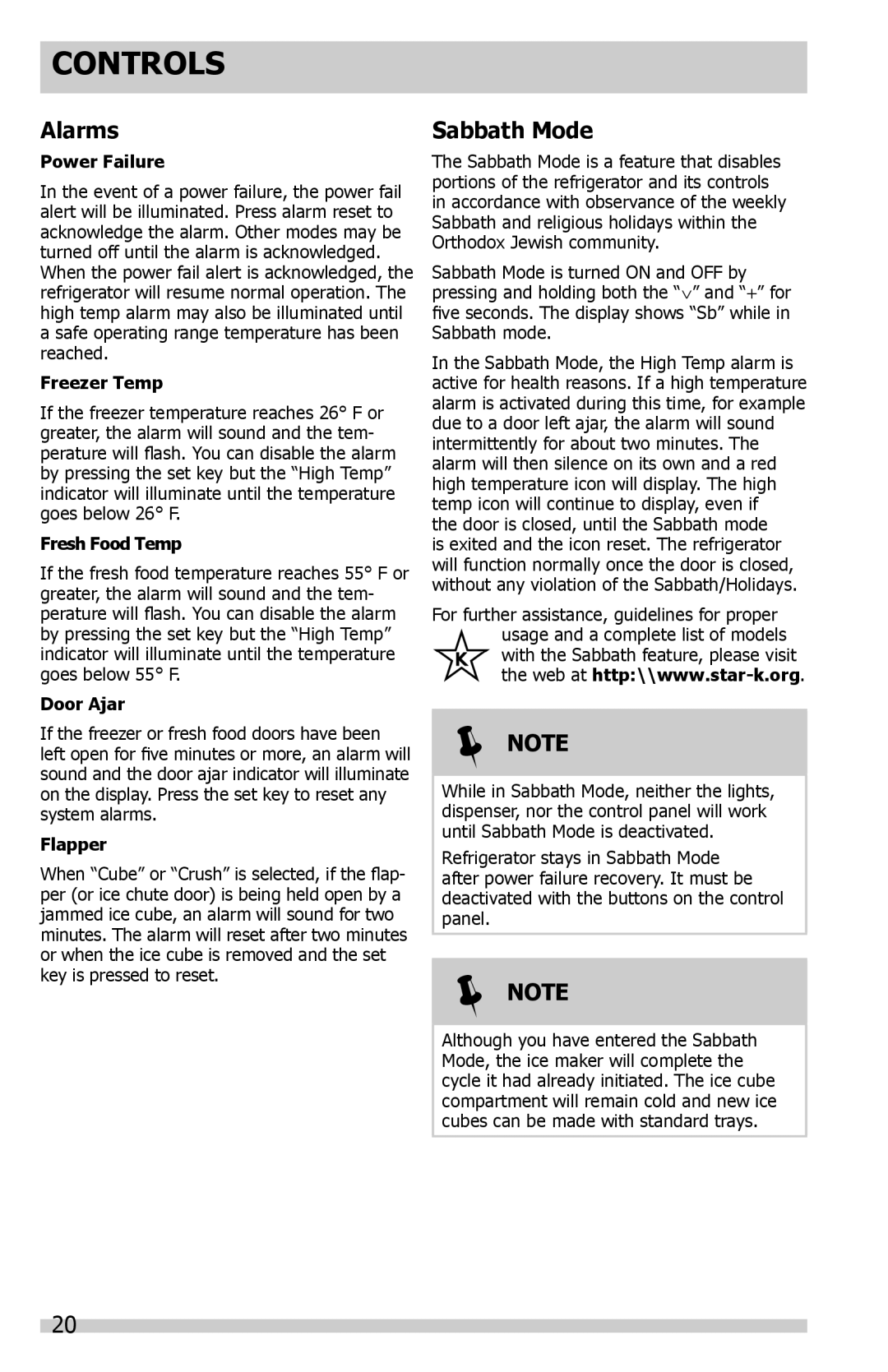 Frigidaire DGHF2360PF important safety instructions Alarms, Sabbath Mode, Controls, Note 