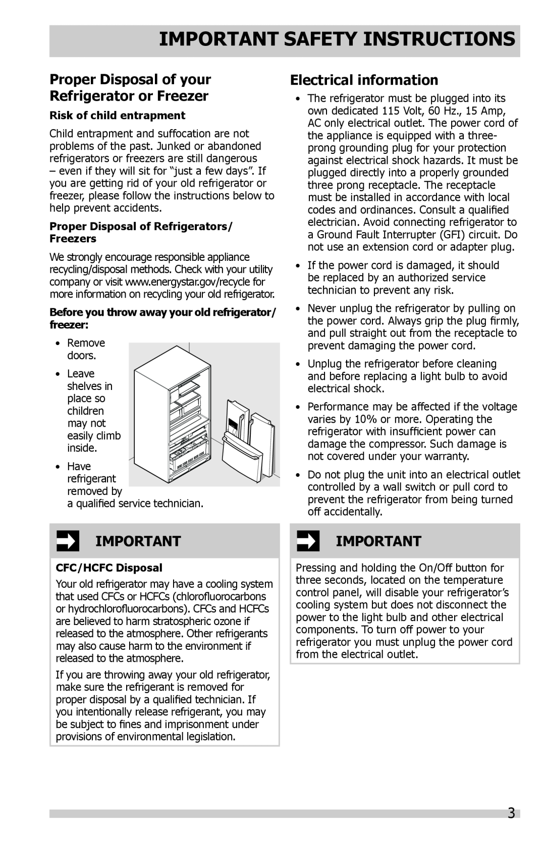 Frigidaire DGHF2360PF Proper Disposal of your Refrigerator or Freezer, Electrical information, Risk of child entrapment 
