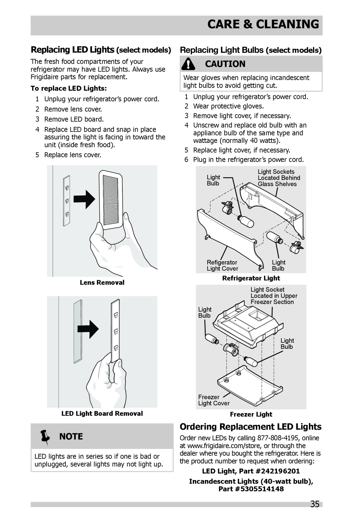 Frigidaire DGHF2360PF Replacing LED Lights select models, Ordering Replacement LED Lights, Care & Cleaning, Note 