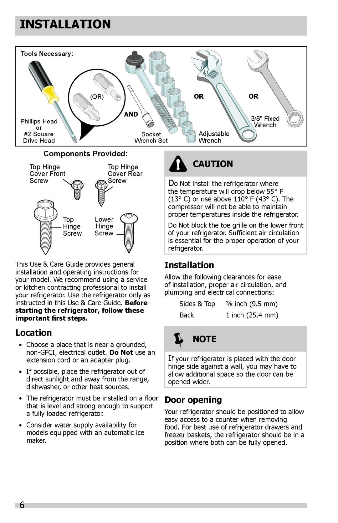 Frigidaire DGHF2360PF important safety instructions Installation, Location, Note, Door opening, Components Provided 