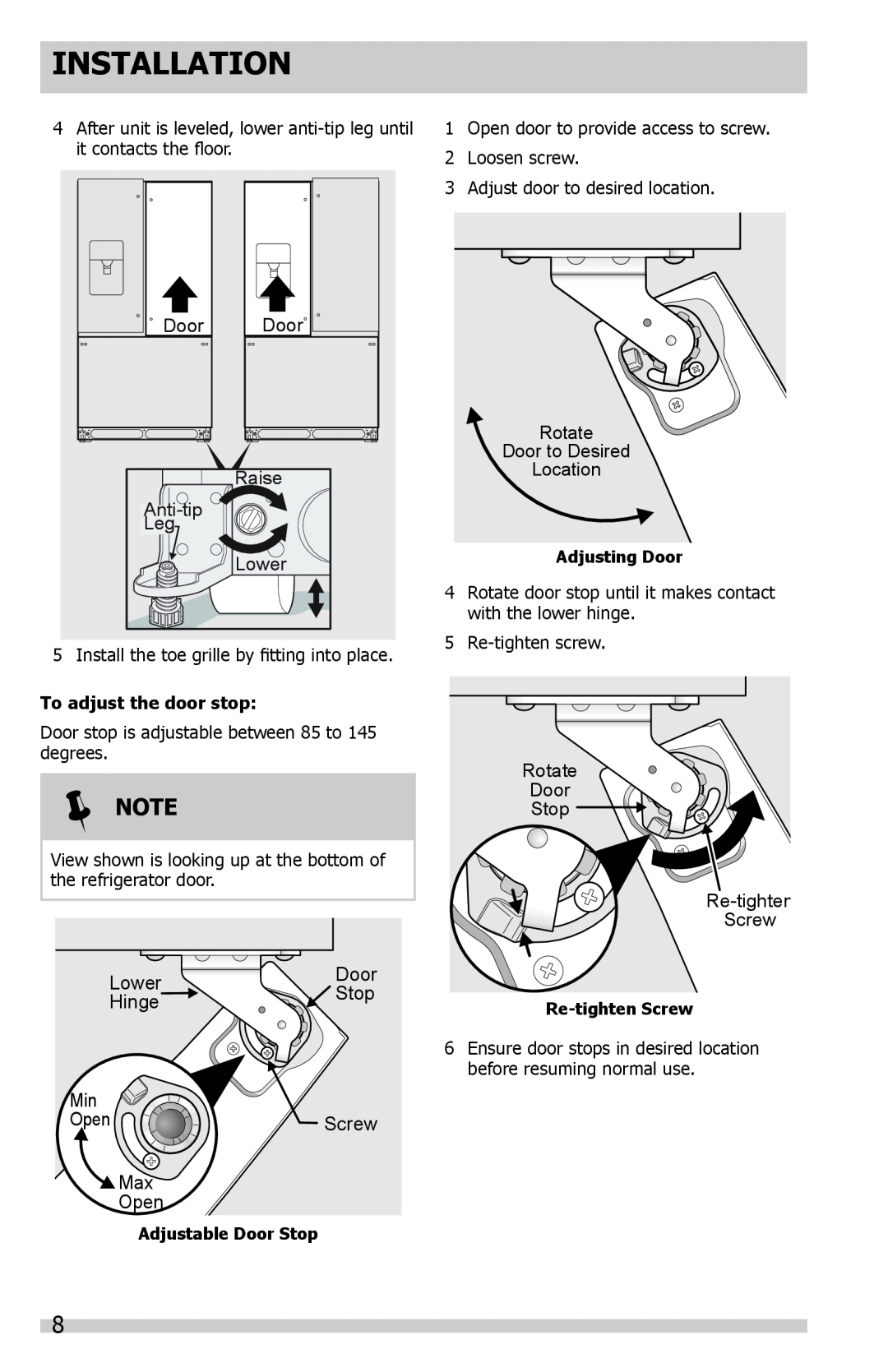 Frigidaire DGHF2360PF important safety instructions Installation, Note, Raise Anti-tip Leg Lower, To adjust the door stop 