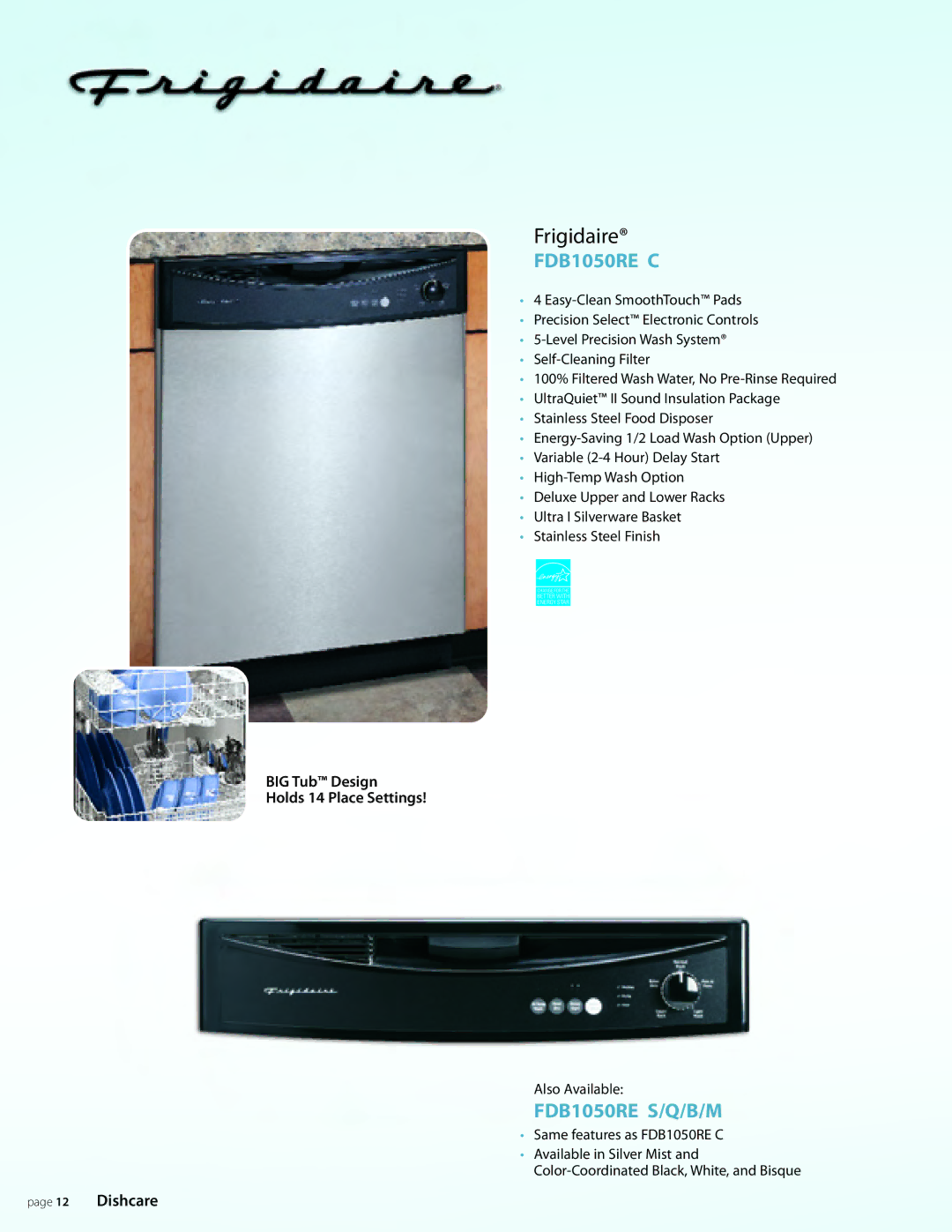 Frigidaire Dishcare manual FDB1050RE C, FDB1050RE S/Q/B/M 