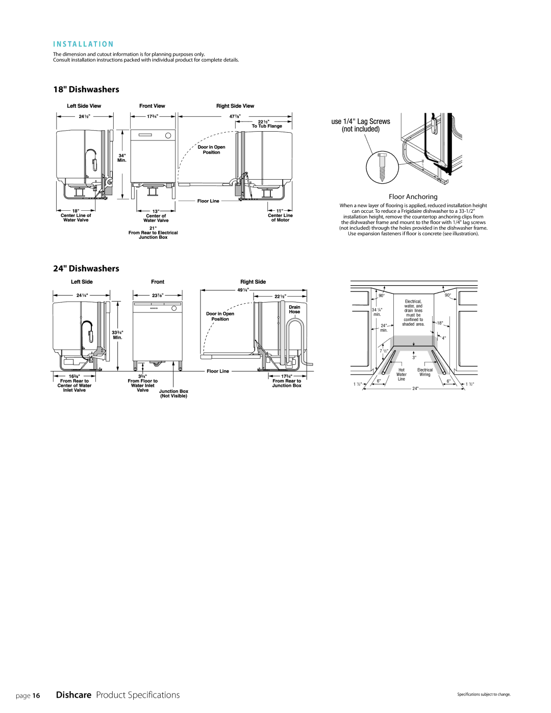 Frigidaire manual Dishcare Product Specifications 