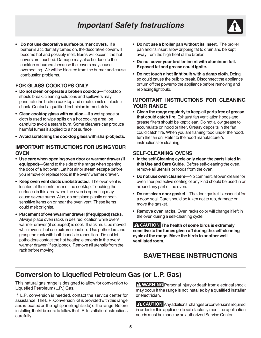 Frigidaire Dual Fuel Range Slide-in Models warranty Conversion to Liquefied Petroleum Gas or L.P. Gas 