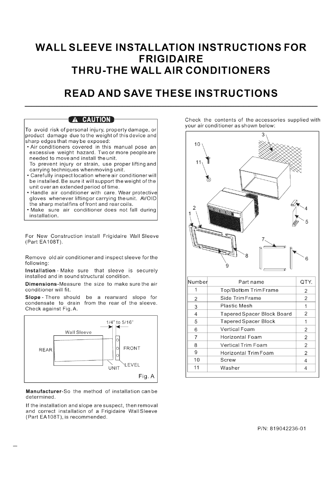 Frigidaire 819042236-01, EA108T installation instructions Fig. A, Wall Sleeve Installation Instructions For Frigidaire 