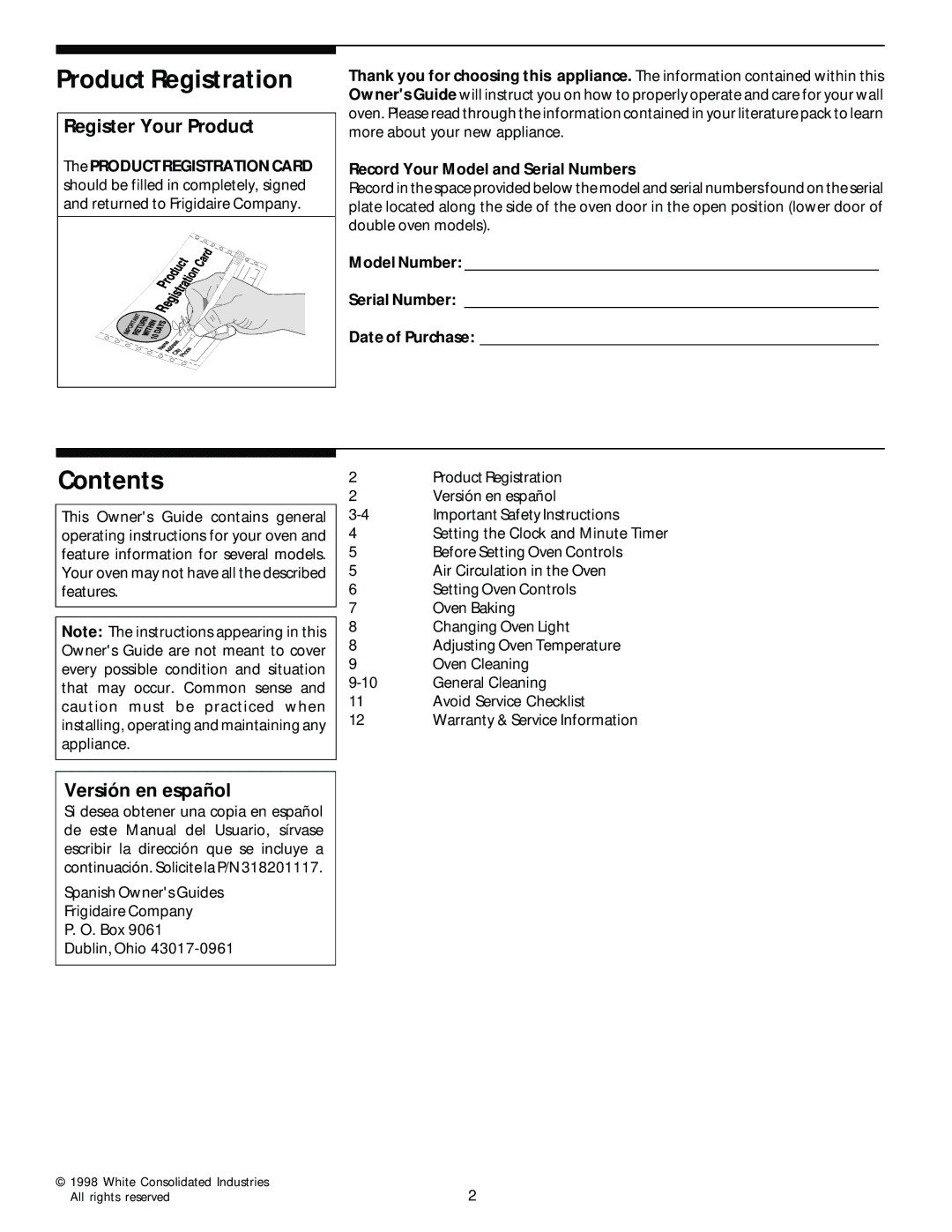 Frigidaire Electric Built- in oven manual Product Registration, Contents 