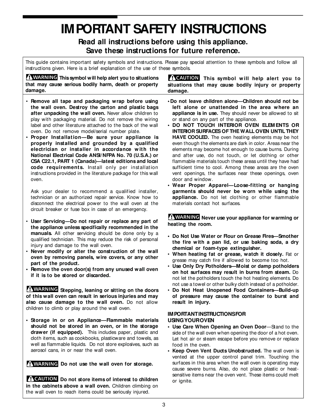 Frigidaire Electric Built- in oven Do not Touch Interior Oven Elements or, Important Instructions for Using Your Oven 