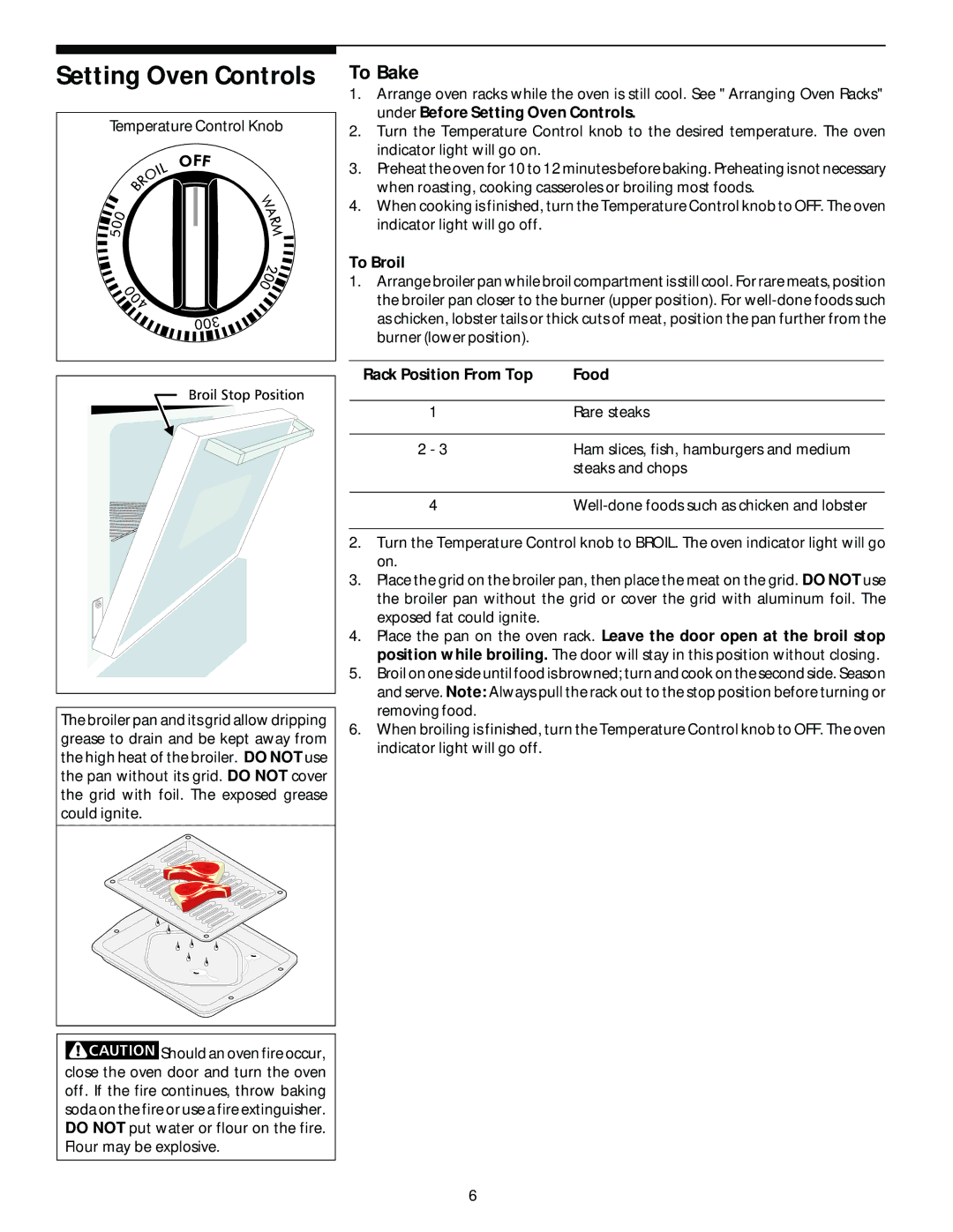 Frigidaire Electric Built- in oven manual Setting Oven Controls, To Bake, To Broil, Rack Position From Top Food 