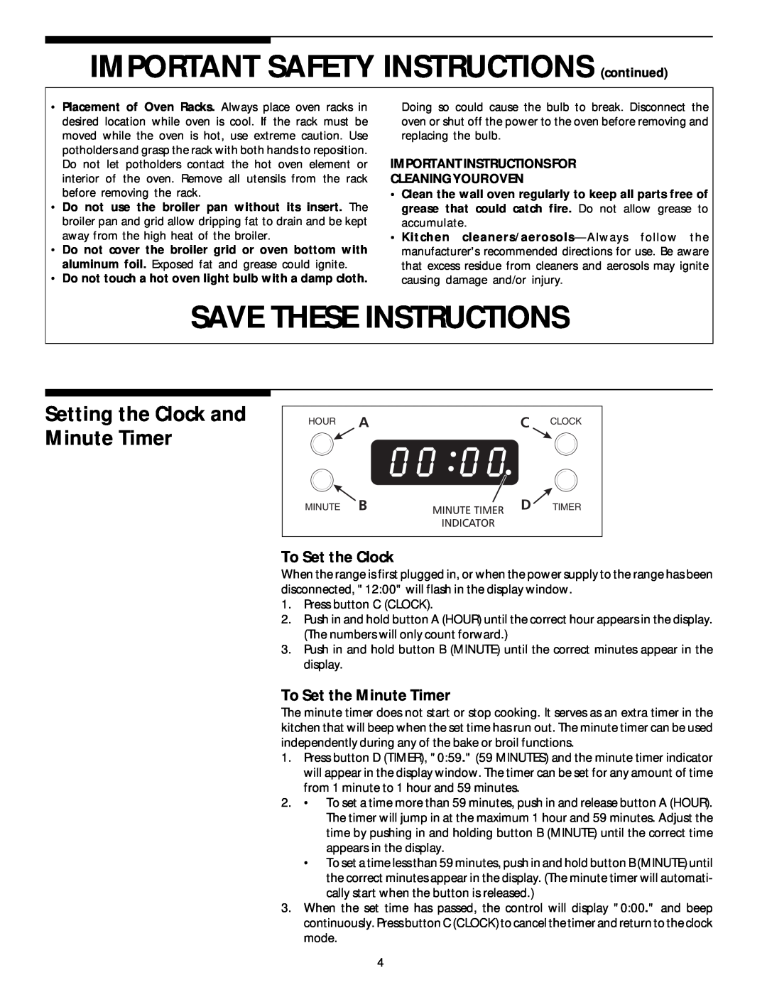 Frigidaire Electric Built- in oven IMPORTANT SAFETY INSTRUCTIONS continued, Save These Instructions, To Set the Clock 
