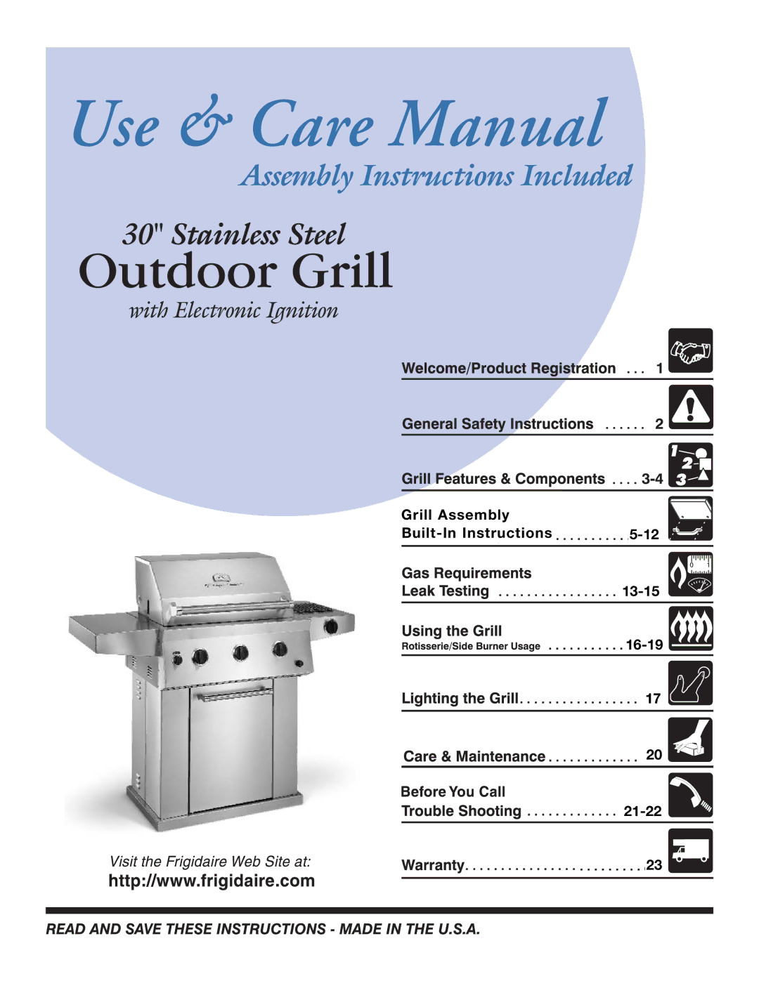 Frigidaire Electric Patio Grill manual Grill Assembly Built-In Instructions5-12 13-15 16-19 21-22 